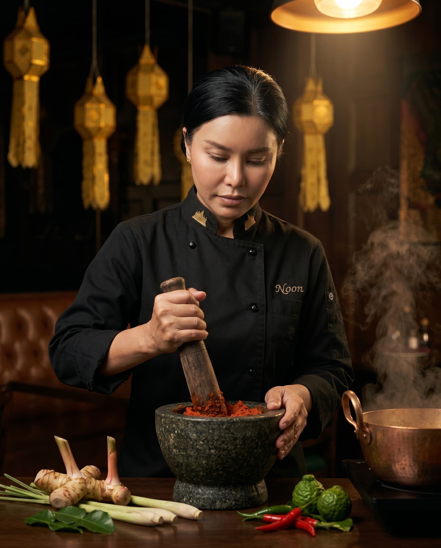 Thai herbs and curry preparation at Kruathai, an authentic Thai restaurant near Atlanta