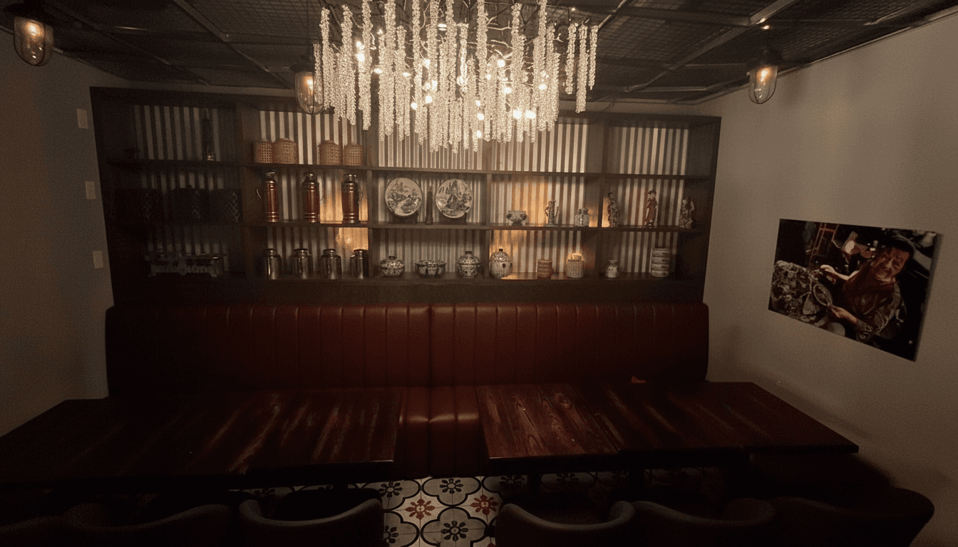 Banquette seating and chandelier — Kruathai Atlanta